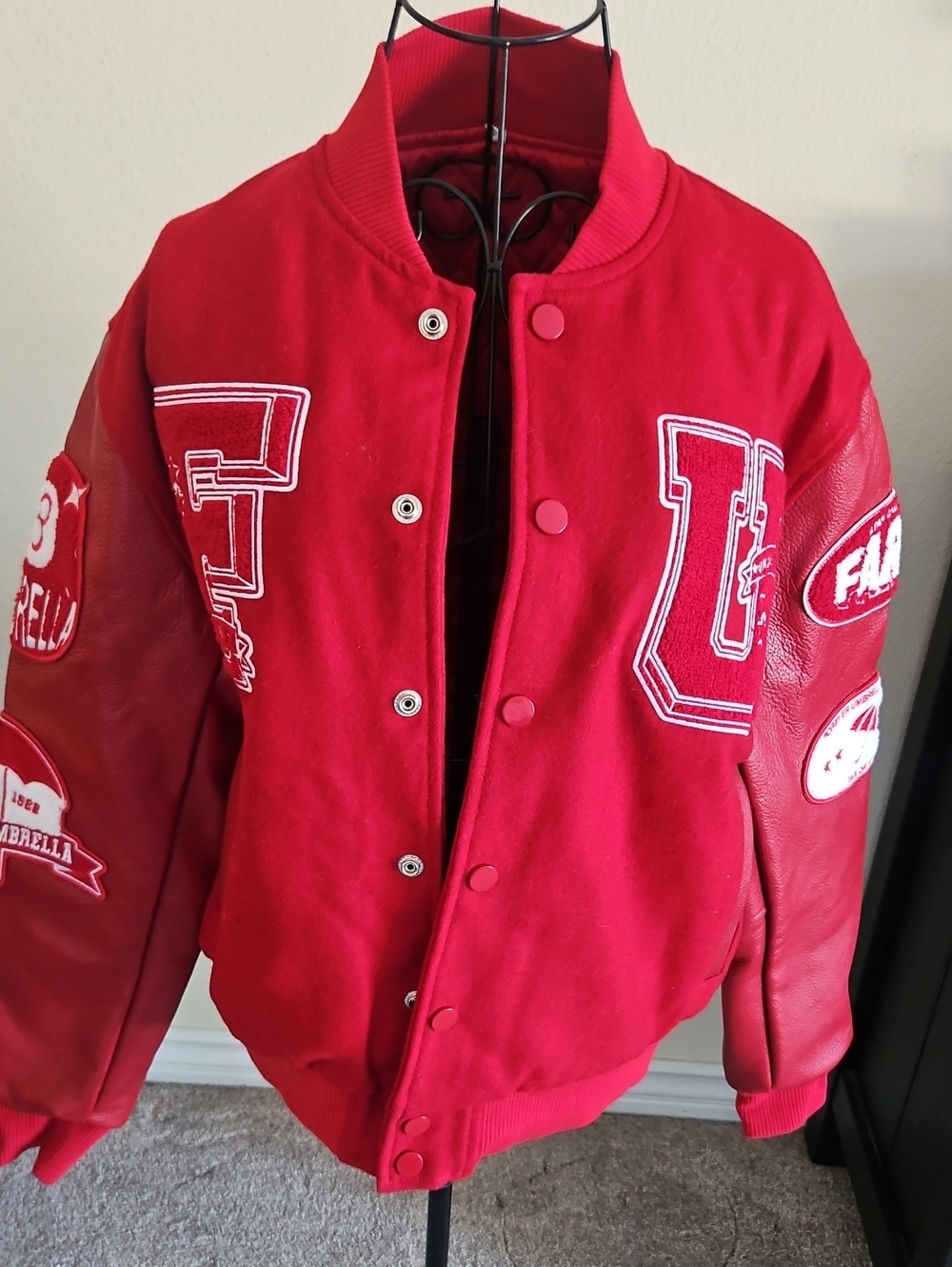 Forever Umbrella Varsity Red letterman jacket, released as official. New-no Tag.